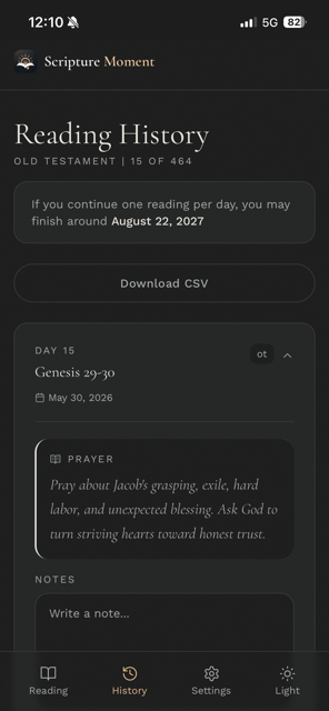 History screen with an expanded completed reading card, prayer summary, and editable notes