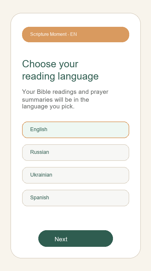 Setup screen for choosing the reading language