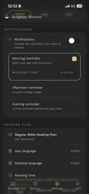 Settings screen showing notification options and reminder time