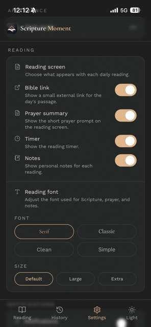 Settings screen showing Bible link, Prayer summary, Timer, and Notes toggles